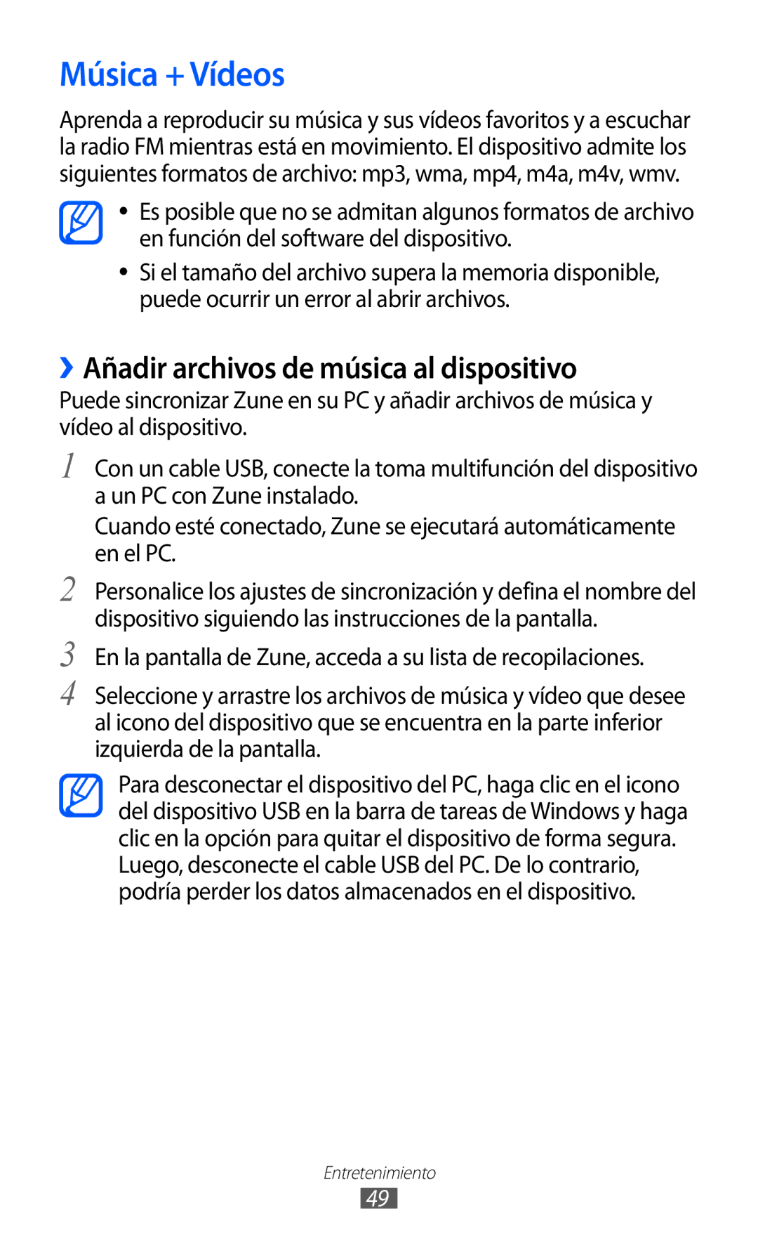 Samsung GT-I8350HKAPHE, GT-I8350HKAXEC, GT-I8350HKAFOP manual Música + Vídeos, ››Añadir archivos de música al dispositivo 