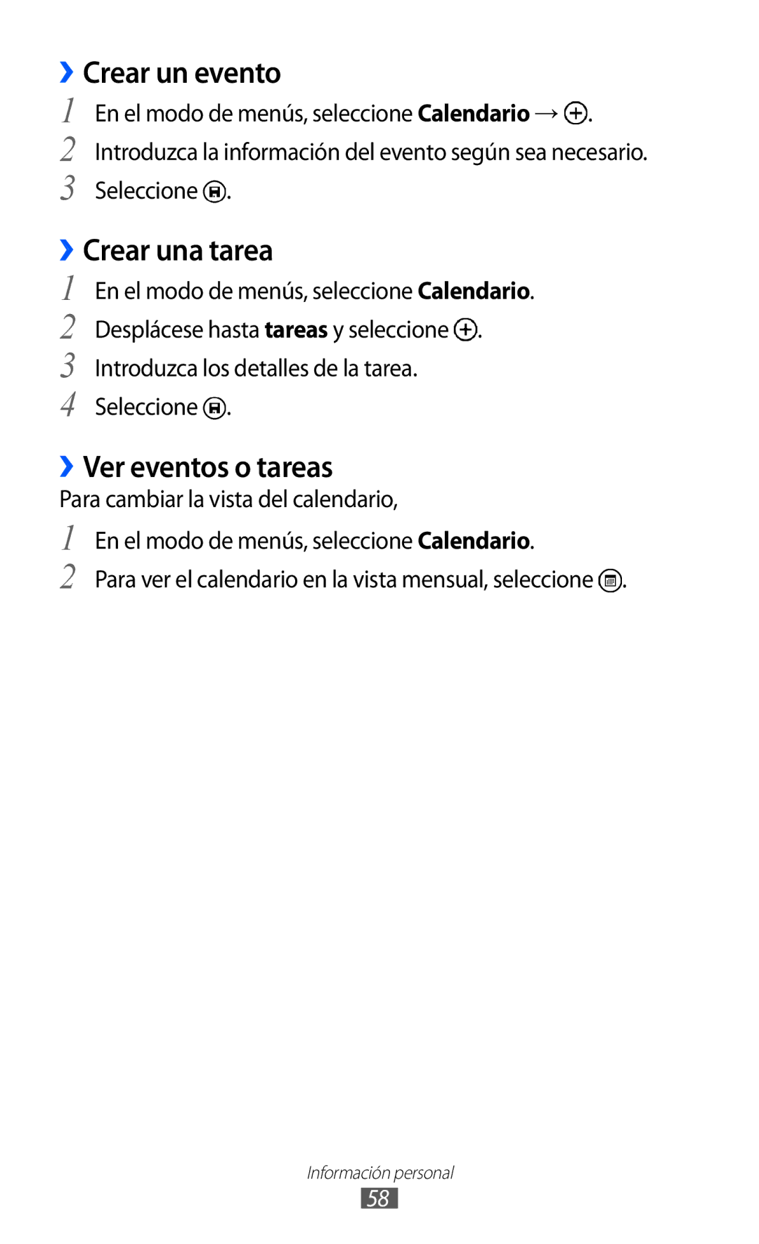 Samsung GT-I8350HKAPHE, GT-I8350HKAXEC, GT-I8350HKAFOP manual ››Crear un evento, ››Crear una tarea, ››Ver eventos o tareas 