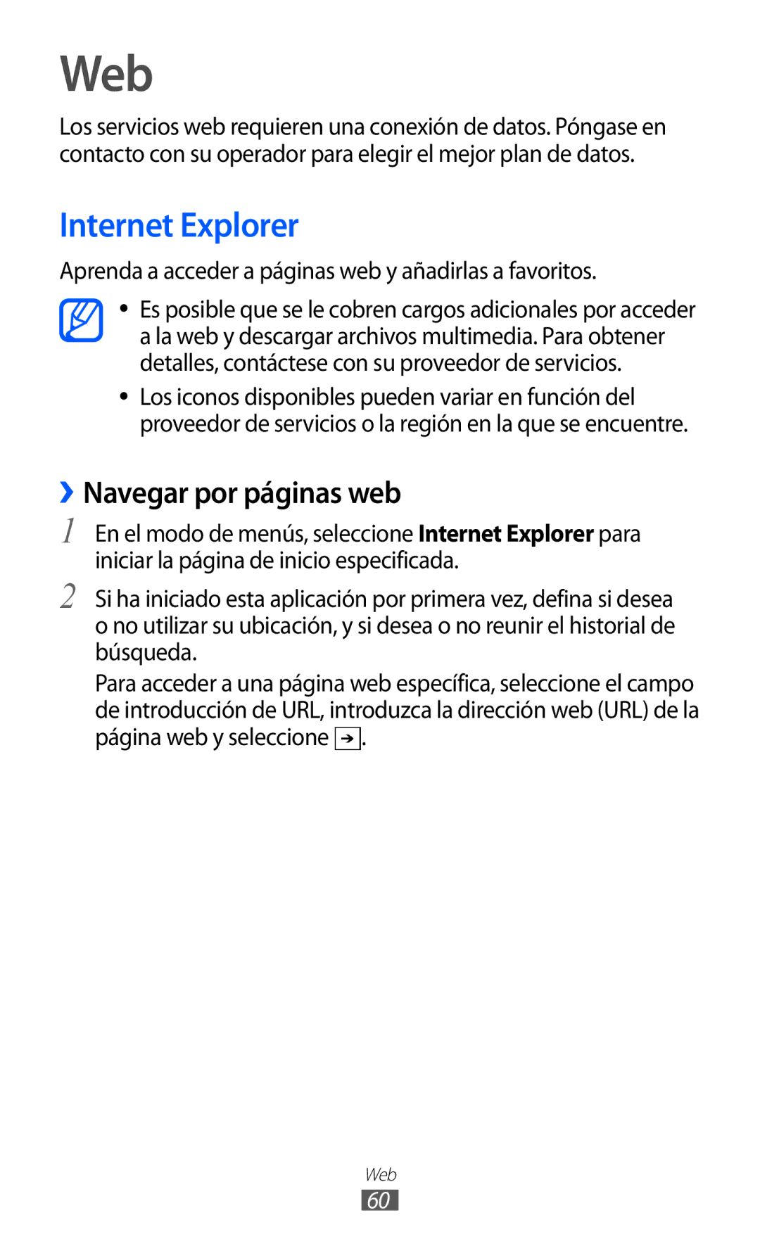 Samsung GT-I8350HKAXEC, GT-I8350HKAPHE, GT-I8350HKAFOP manual Web, Internet Explorer, ››Navegar por páginas web 