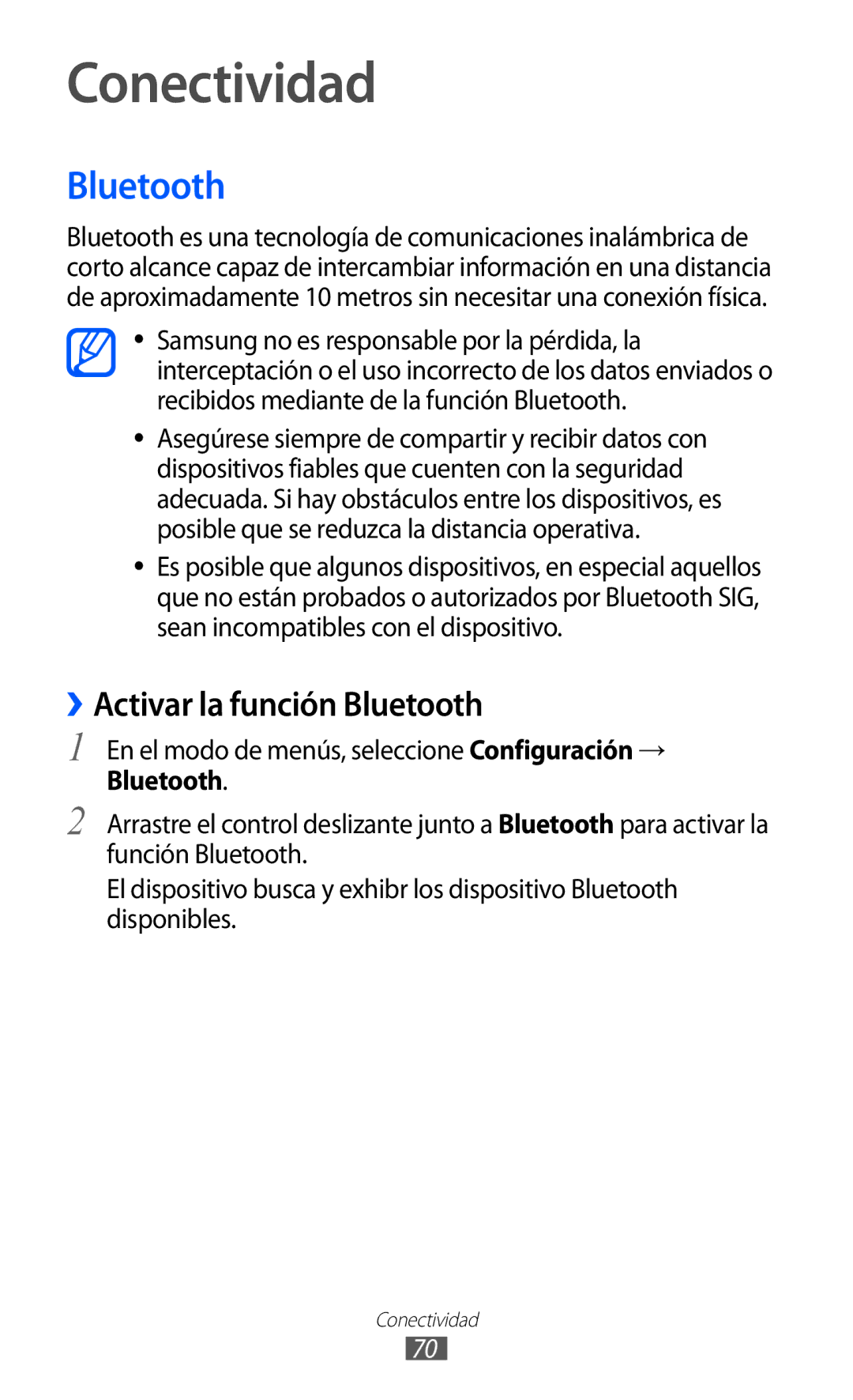 Samsung GT-I8350HKAPHE, GT-I8350HKAXEC, GT-I8350HKAFOP manual Conectividad, ››Activar la función Bluetooth 