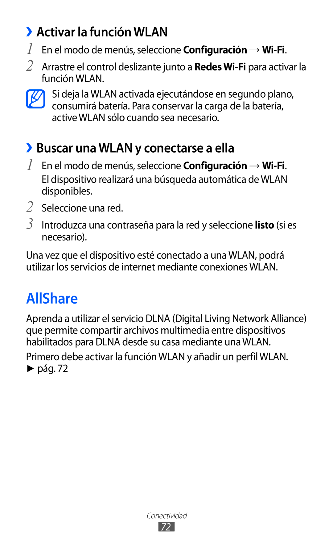 Samsung GT-I8350HKAXEC, GT-I8350HKAPHE manual AllShare, ››Activar la función Wlan, ››Buscar una Wlan y conectarse a ella 