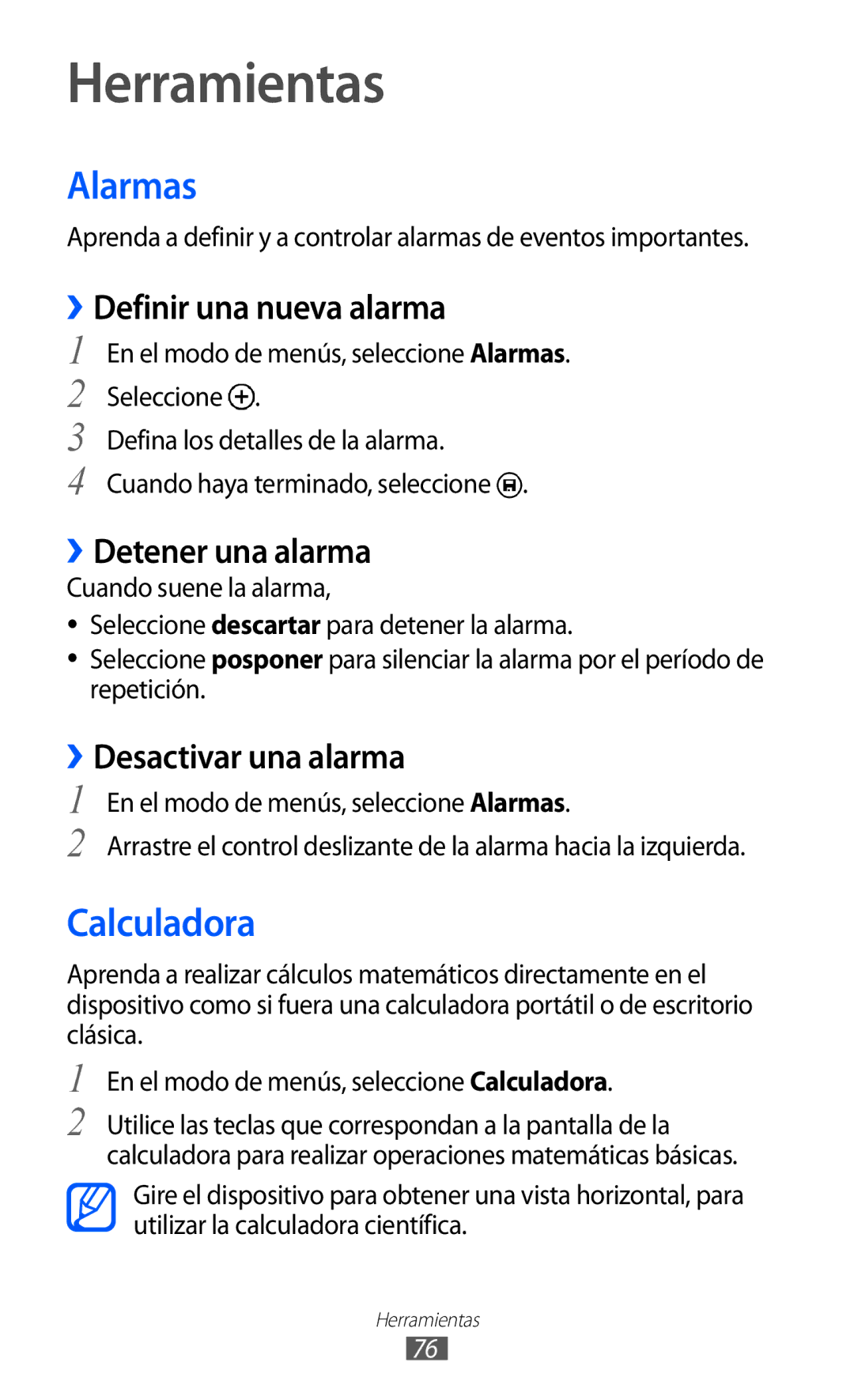 Samsung GT-I8350HKAPHE, GT-I8350HKAXEC, GT-I8350HKAFOP manual Herramientas, Alarmas, Calculadora 