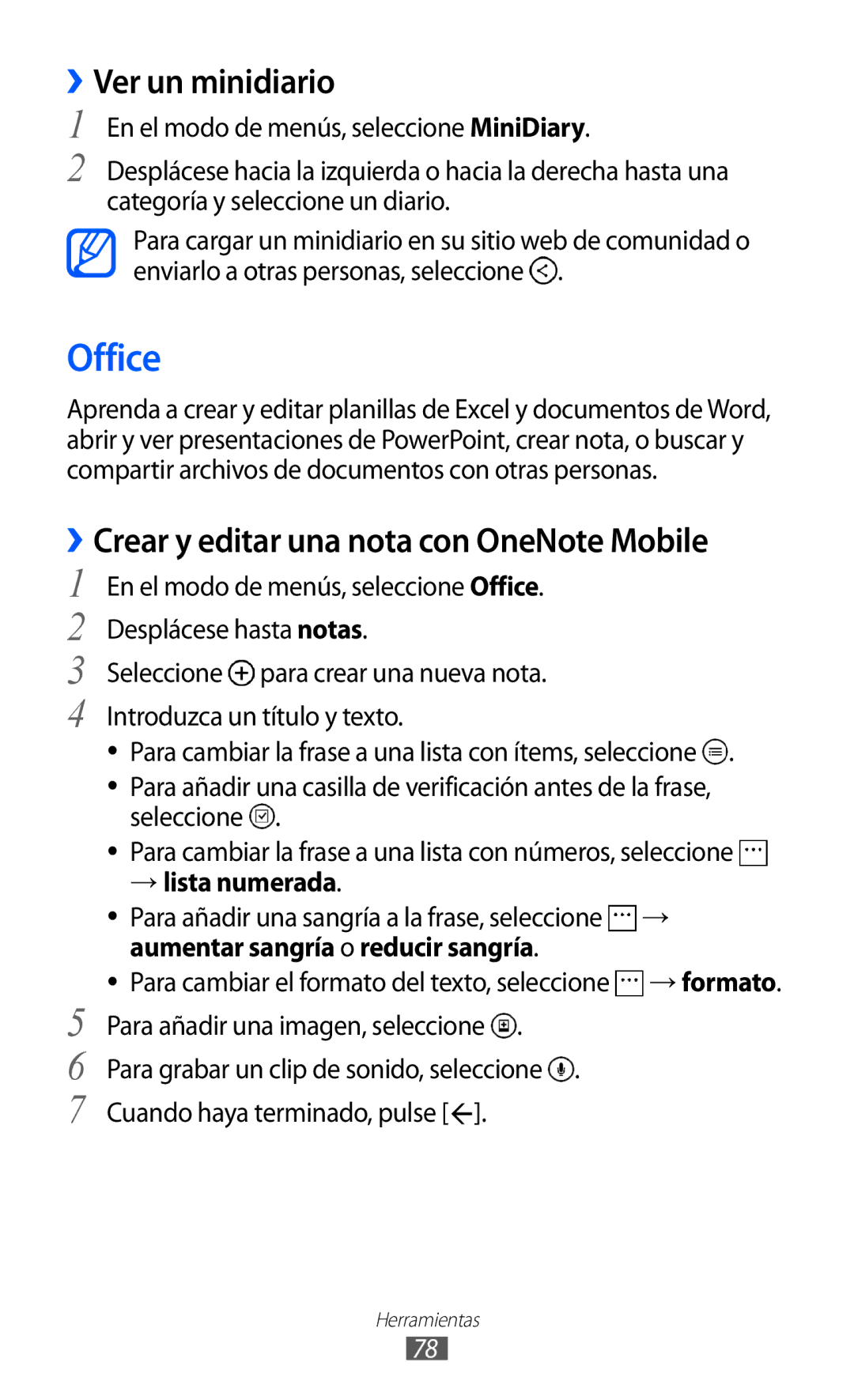 Samsung GT-I8350HKAXEC manual Office, ››Ver un minidiario, ››Crear y editar una nota con OneNote Mobile, → lista numerada 