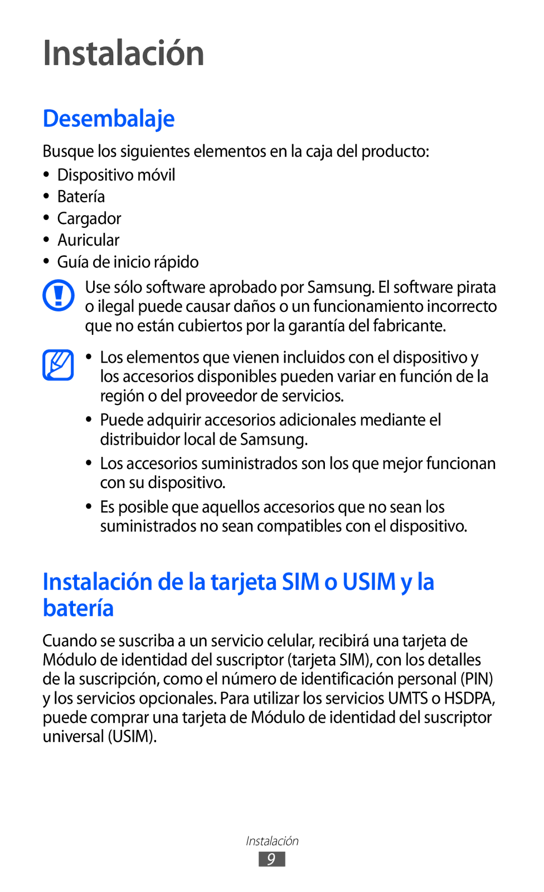 Samsung GT-I8350HKAXEC, GT-I8350HKAPHE, GT-I8350HKAFOP Desembalaje, Instalación de la tarjeta SIM o Usim y la batería 