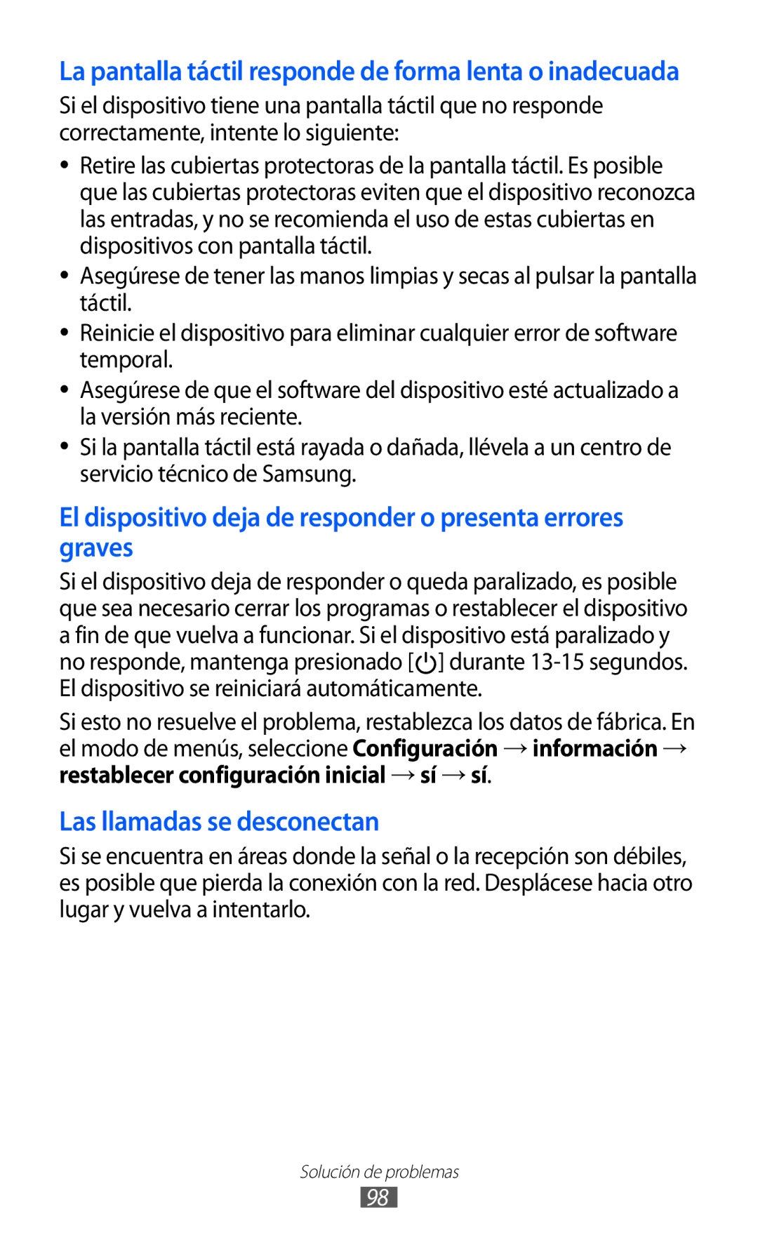 Samsung GT-I8350HKAFOP, GT-I8350HKAXEC, GT-I8350HKAPHE manual El dispositivo deja de responder o presenta errores graves 