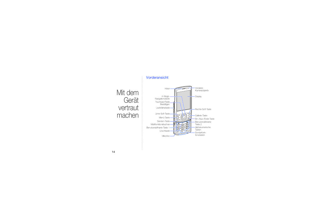 Samsung GT-I8510RKADBT, GT-I8510RKBDBT, GT-I8510RKDDBT, GT-I8510LKKDBT manual Mit dem Gerät vertraut machen, Vorderansicht 