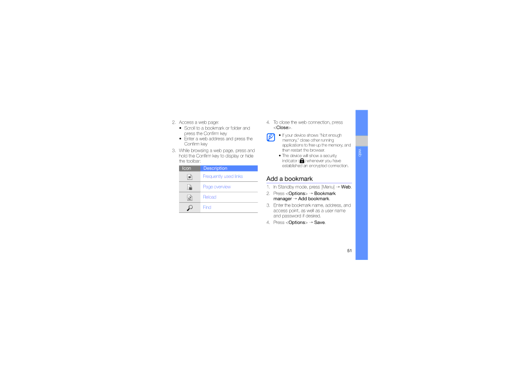 Samsung GT-I8510HADSER, GT-I8510RKADBT, GT-I8510RKBDBT manual Add a bookmark, To close the web connection, press Close 