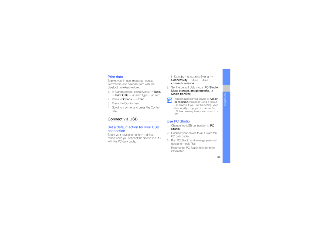 Samsung GT-I8510AAKSER, GT-I8510RKADBT manual Connect via USB, Print data, Set a default action for your USB connection 