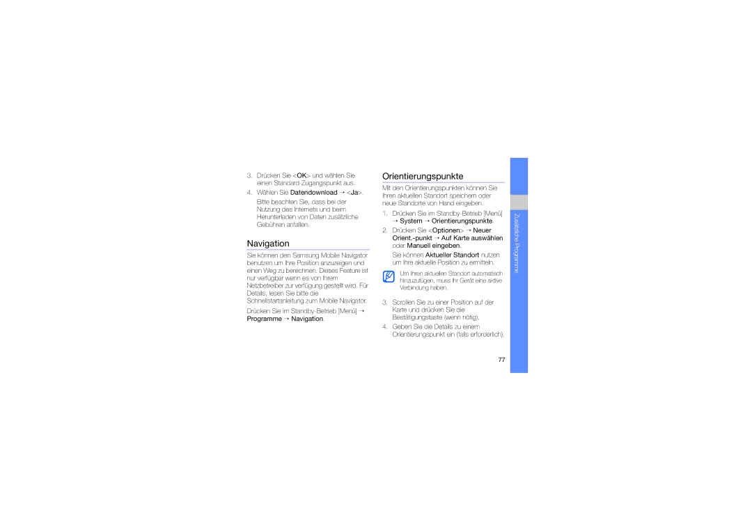 Samsung GT-I8510HABDBT, GT-I8510RKADBT, GT-I8510RKBDBT, GT-I8510RKDDBT, GT-I8510LKKDBT manual Navigation, Orientierungspunkte 