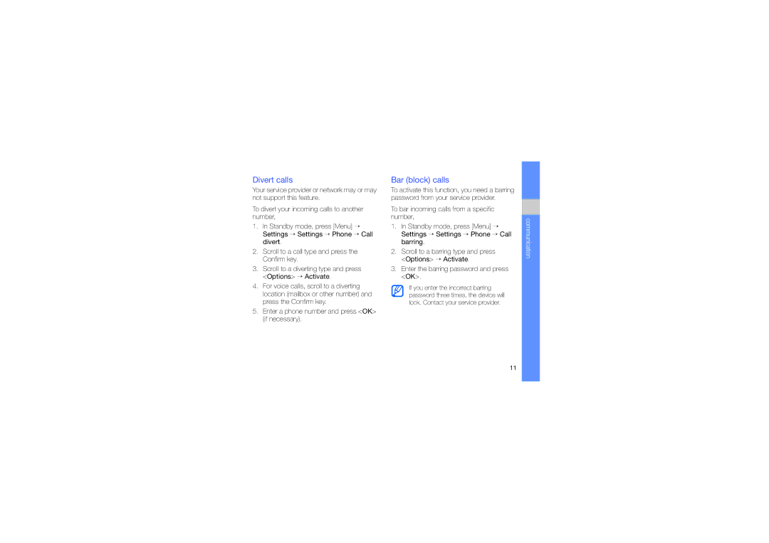 Samsung GT-I8510RKKKBN, GT-I8510RKDITV manual Divert calls, Bar block calls, Enter a phone number and press OK if necessary 