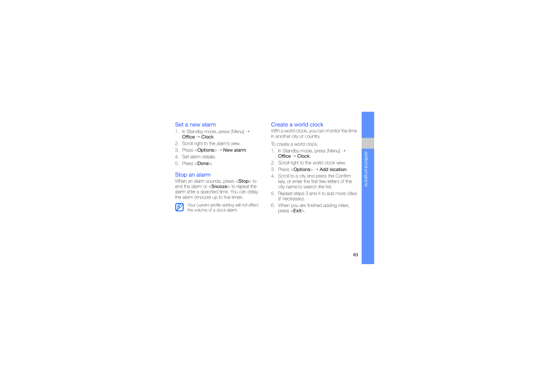 Samsung GT-I8510RKDXEH, GT-I8510RKDITV, GT-I8510RKKKBN, GT-I8510RKDIRD Set a new alarm, Stop an alarm, Create a world clock 