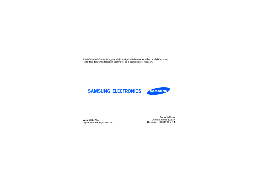 Samsung GT-I8510RKKKBN, GT-I8510RKDITV, GT-I8510RKDIRD, GT-I8510RKDMOT, GT-I8510RKBXEO, GT-I8510RKDPLS Hungarian /2008. Rev 