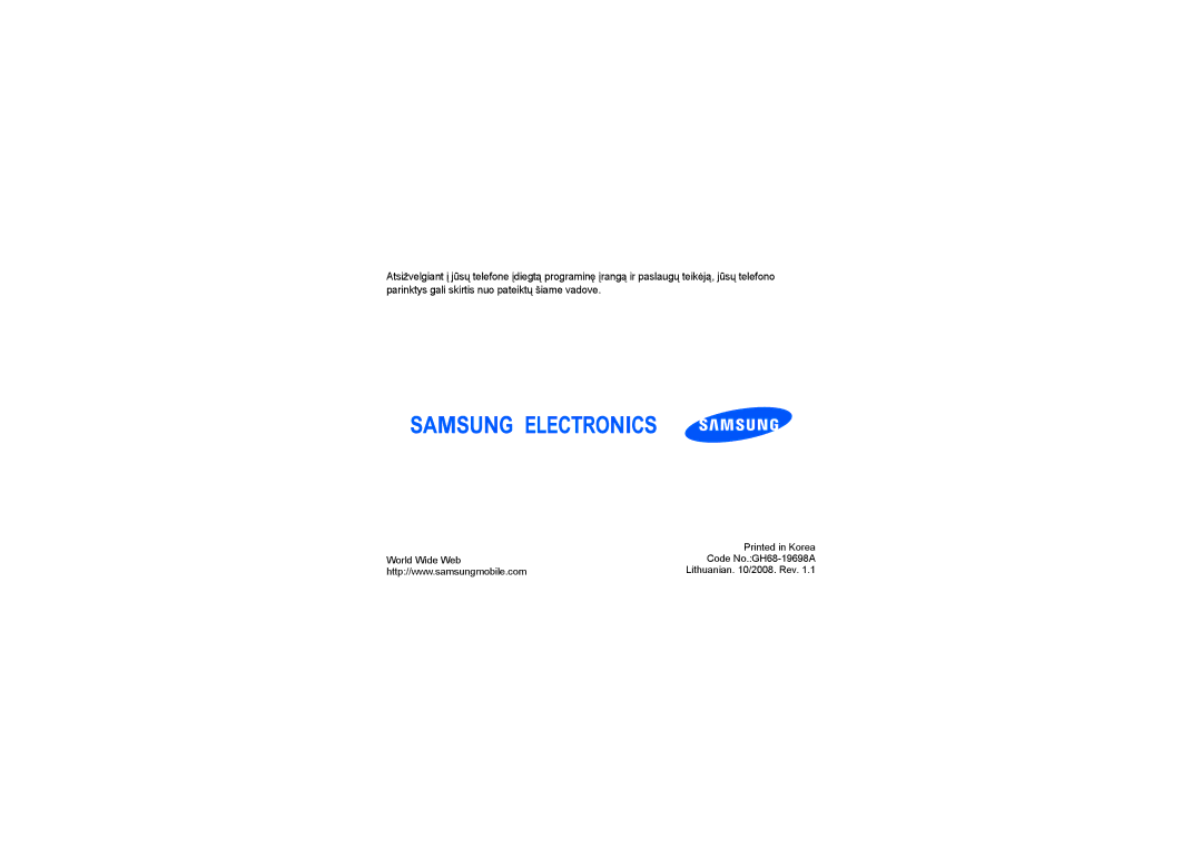 Samsung GT-I8510RKDSEB manual World Wide Web Code No.GH68-19698A 