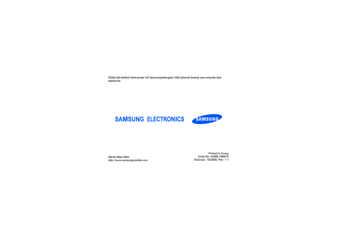 Samsung GT-I8510RKDSEB manual World Wide Web Code No.GH68-19697A 