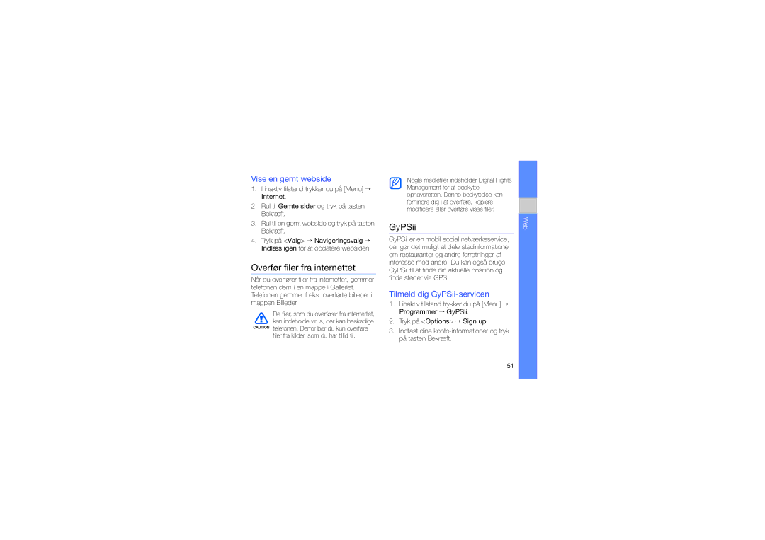 Samsung GT-I8510RKJXEE manual Overfør filer fra internettet, Vise en gemt webside, Tilmeld dig GyPSii-servicen 