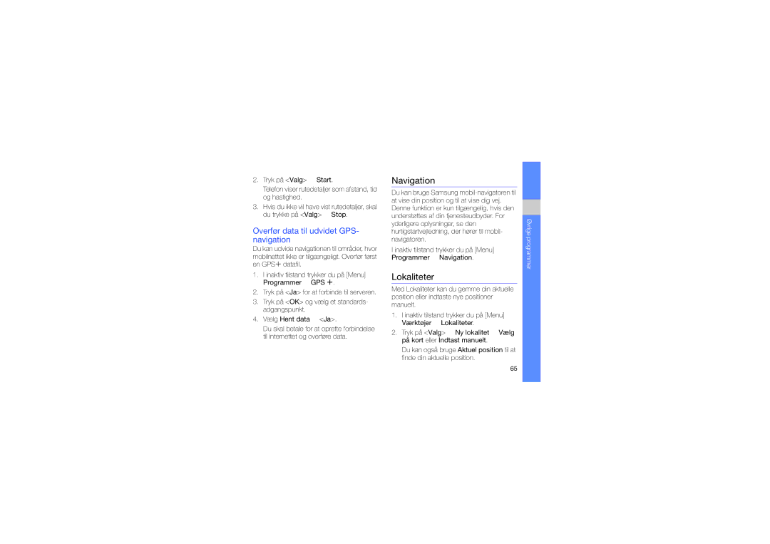 Samsung GT-I8510RKJXEE manual Navigation, Lokaliteter, Overfør data til udvidet GPS- navigation 
