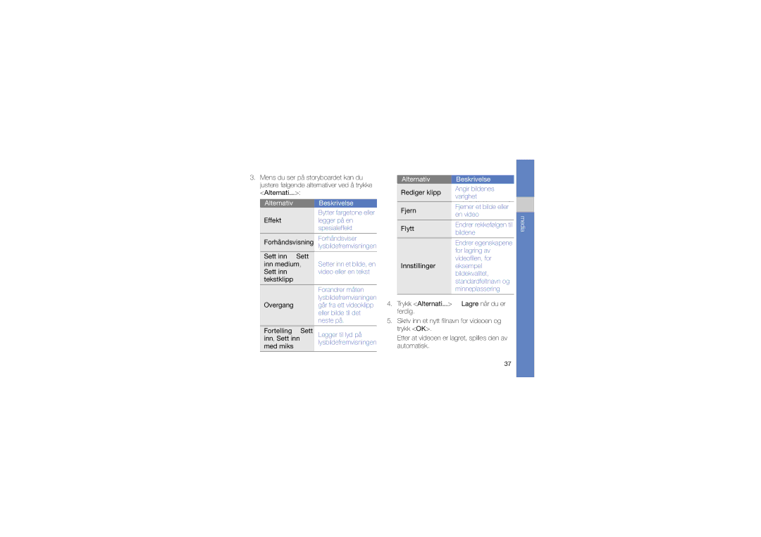 Samsung GT-I8510RKJXEE manual Alternativ Beskrivelse Effekt 