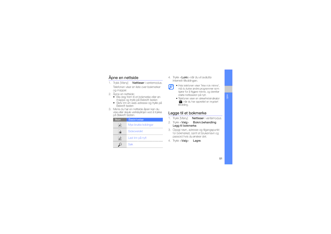 Samsung GT-I8510RKJXEE manual Åpne en nettside, Legge til et bokmerke 