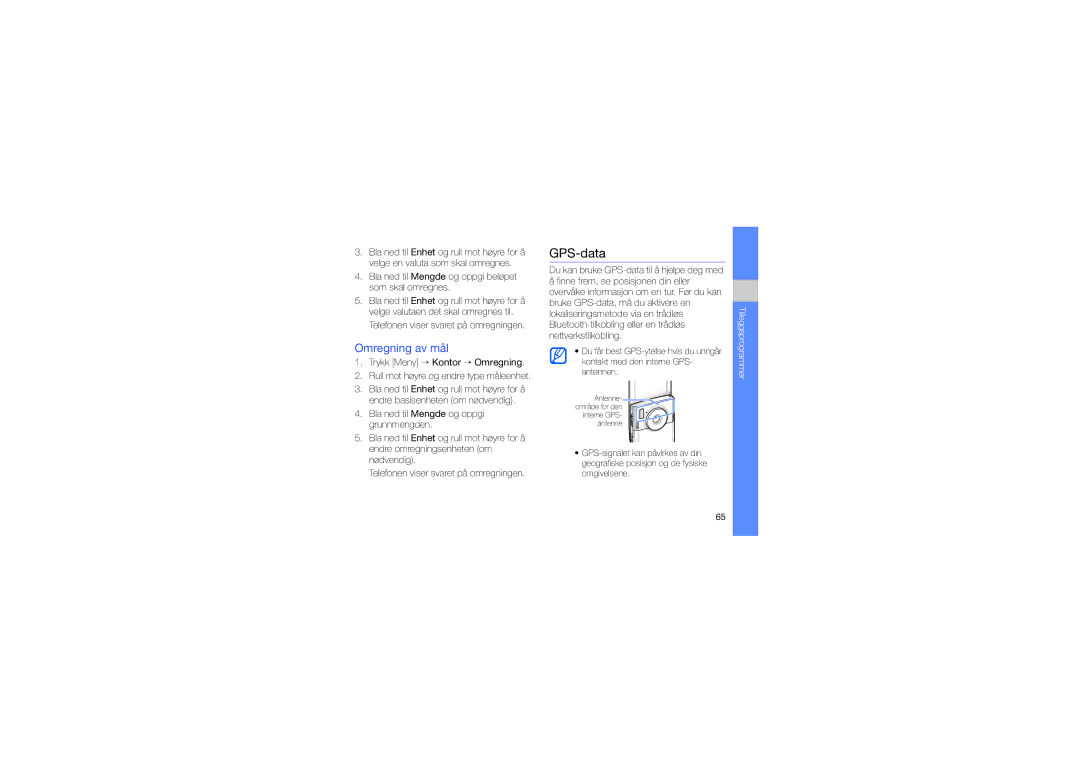 Samsung GT-I8510RKJXEE manual GPS-data, Omregning av mål 