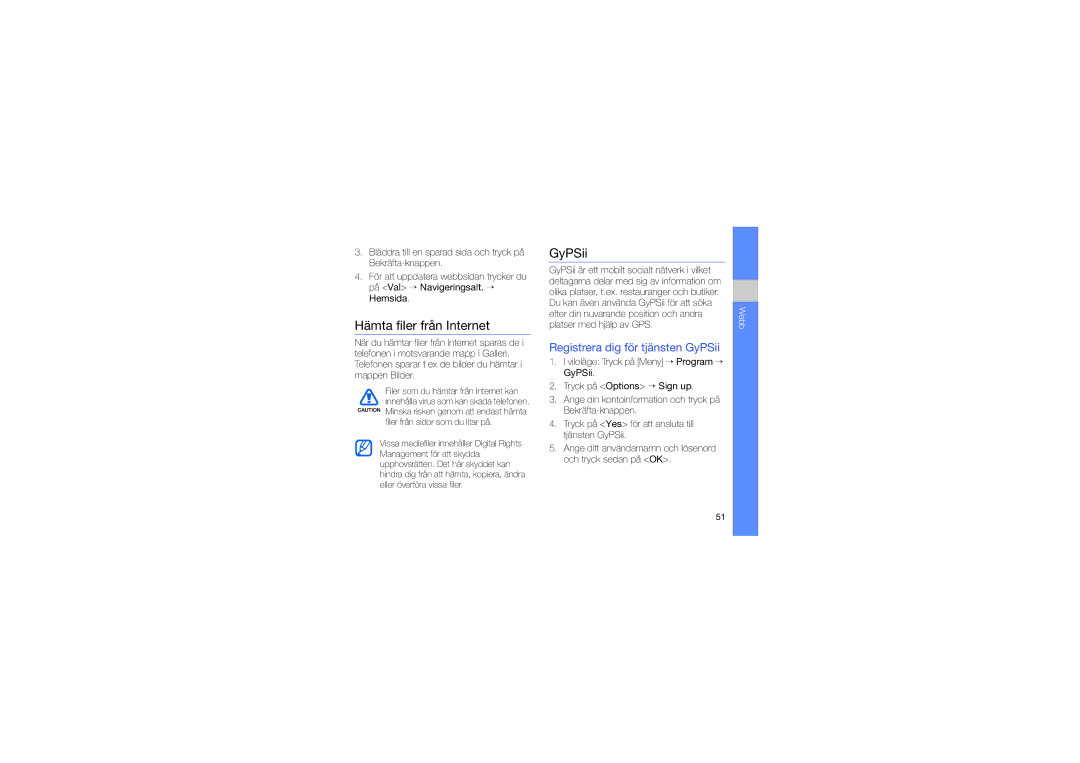 Samsung GT-I8510RKJXEE manual Hämta filer från Internet, Registrera dig för tjänsten GyPSii 