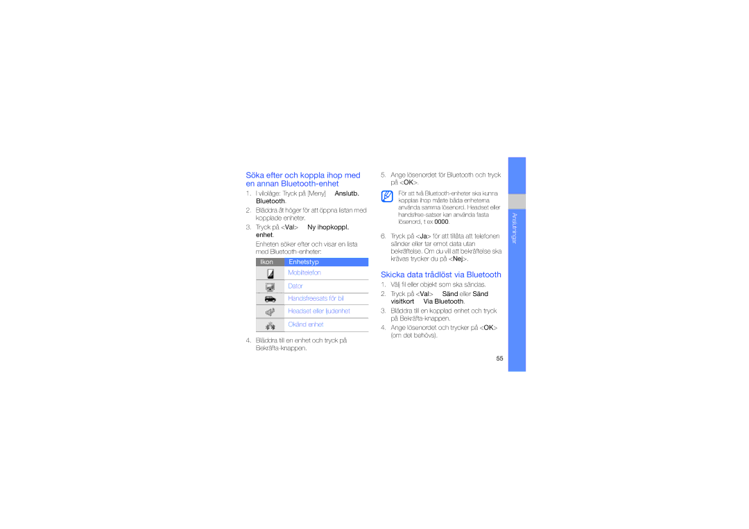 Samsung GT-I8510RKJXEE manual Söka efter och koppla ihop med en annan Bluetooth-enhet, Skicka data trådlöst via Bluetooth 