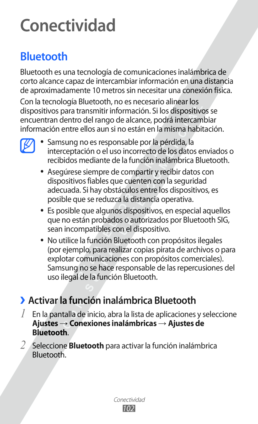 Samsung GT-I8530 manual Conectividad, ››Activar la función inalámbrica Bluetooth, 102 