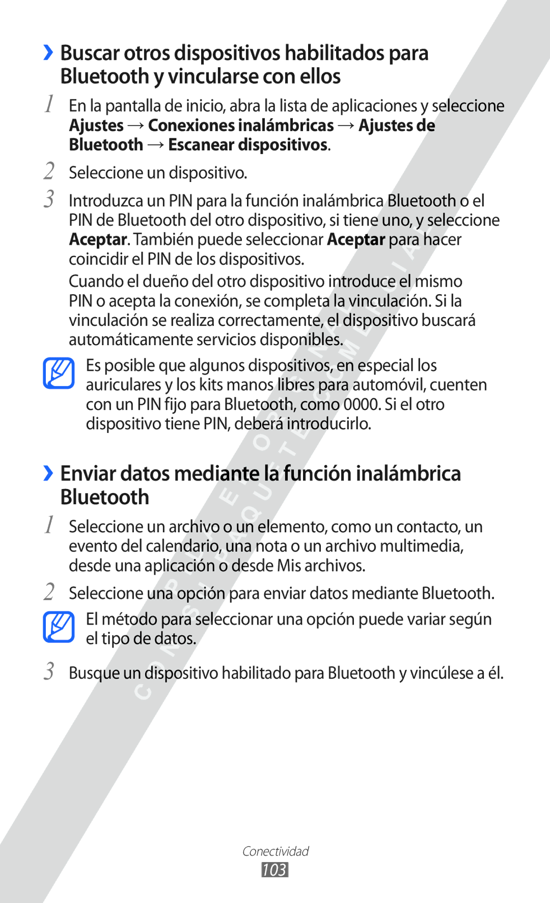 Samsung GT-I8530 manual ››Enviar datos mediante la función inalámbrica Bluetooth, 103 