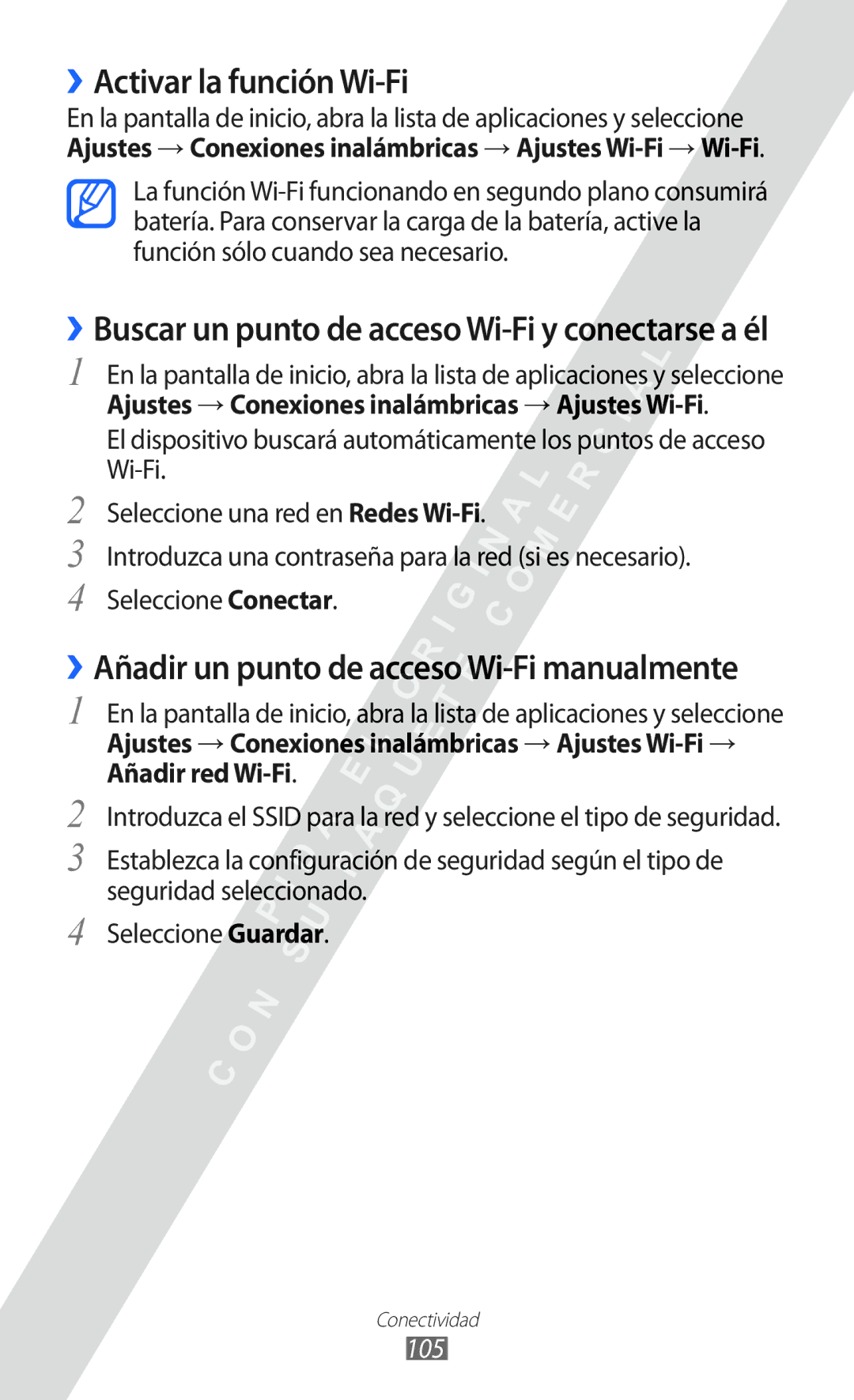 Samsung GT-I8530 manual ››Activar la función Wi-Fi, ››Buscar un punto de acceso Wi-Fi y conectarse a él, 105 