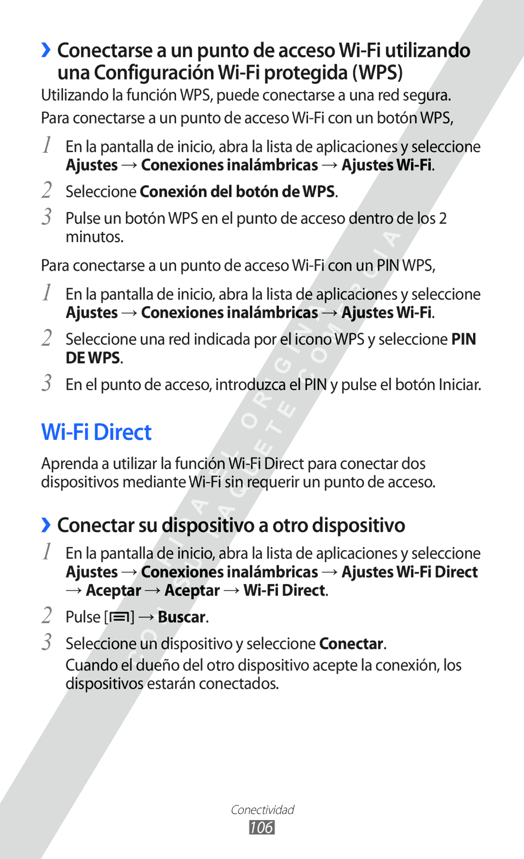 Samsung GT-I8530 Wi-Fi Direct, ››Conectar su dispositivo a otro dispositivo, Seleccione Conexión del botón de WPS, 106 