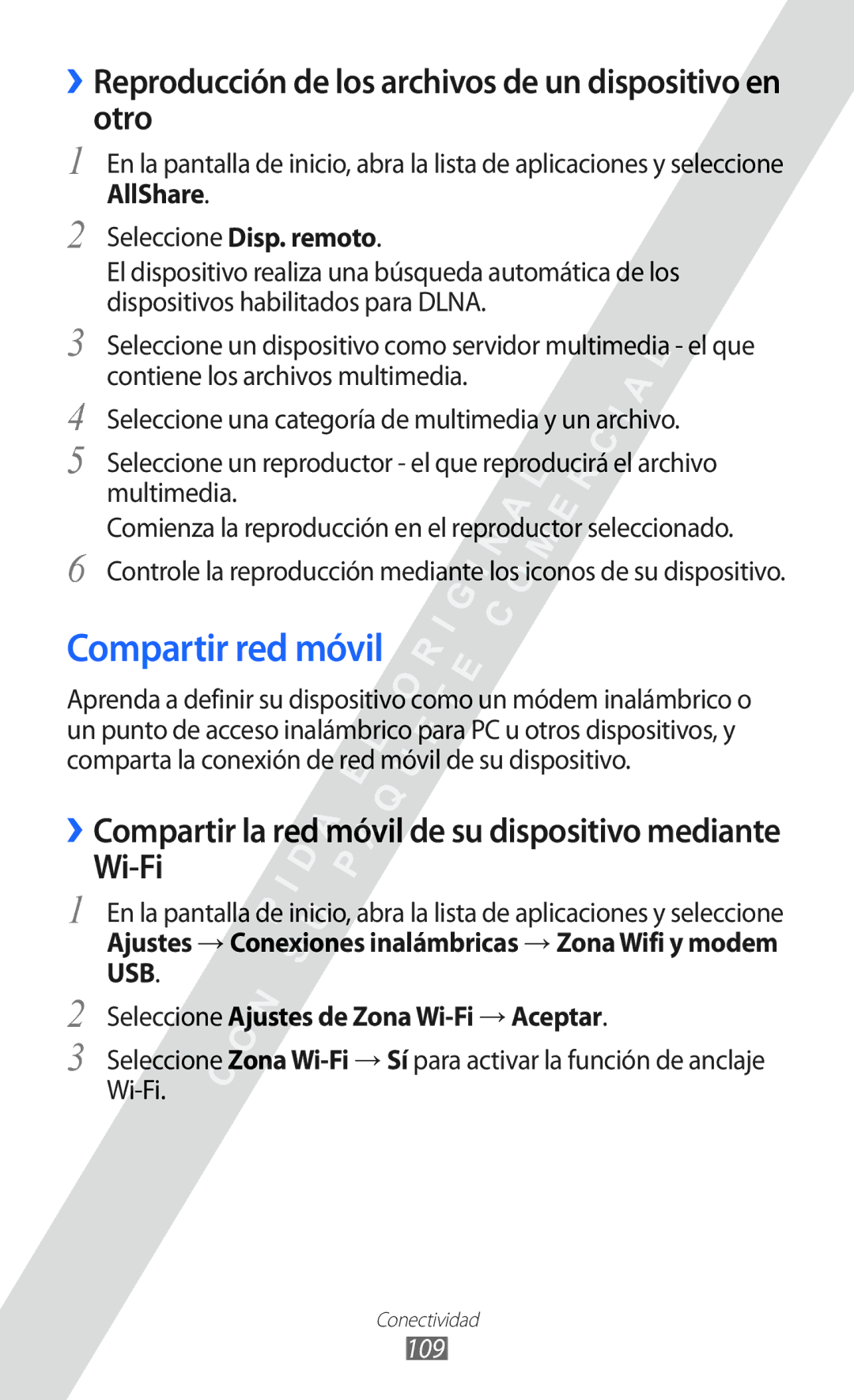 Samsung GT-I8530 manual Compartir red móvil, ››Reproducción de los archivos de un dispositivo en otro, Wi-Fi 