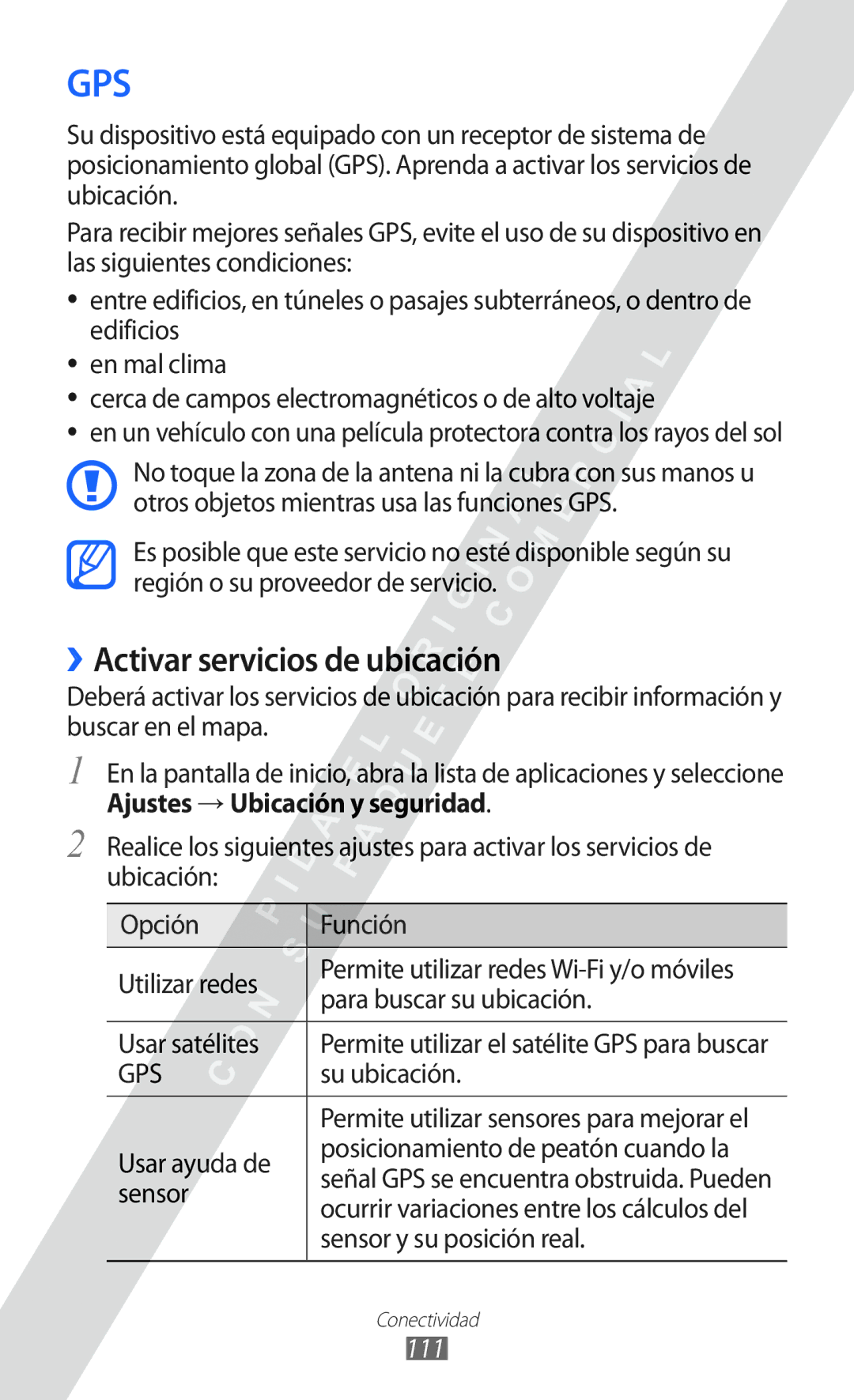 Samsung GT-I8530 manual ››Activar servicios de ubicación, 111 