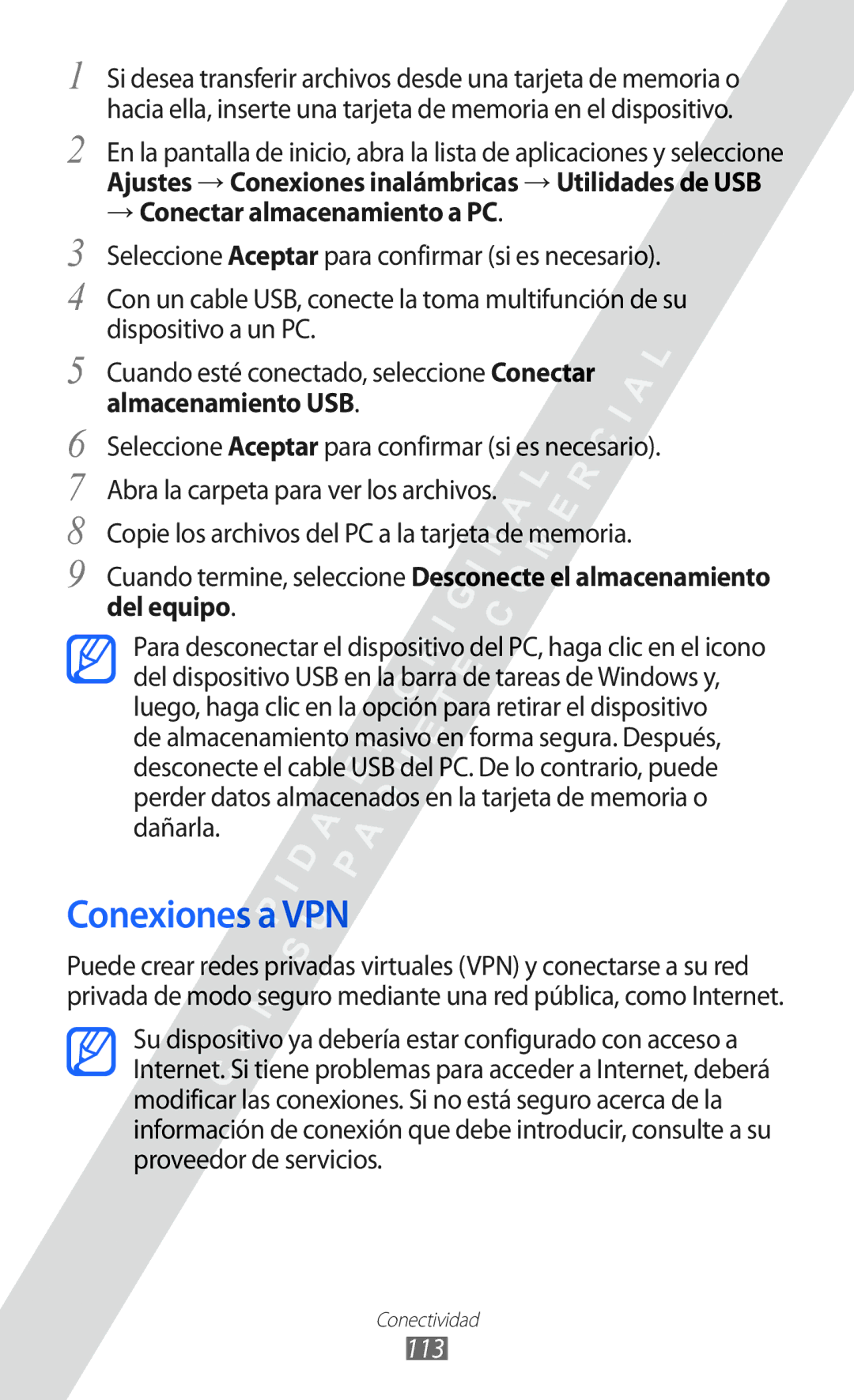 Samsung GT-I8530 manual Conexiones a VPN, → Conectar almacenamiento a PC, 113 