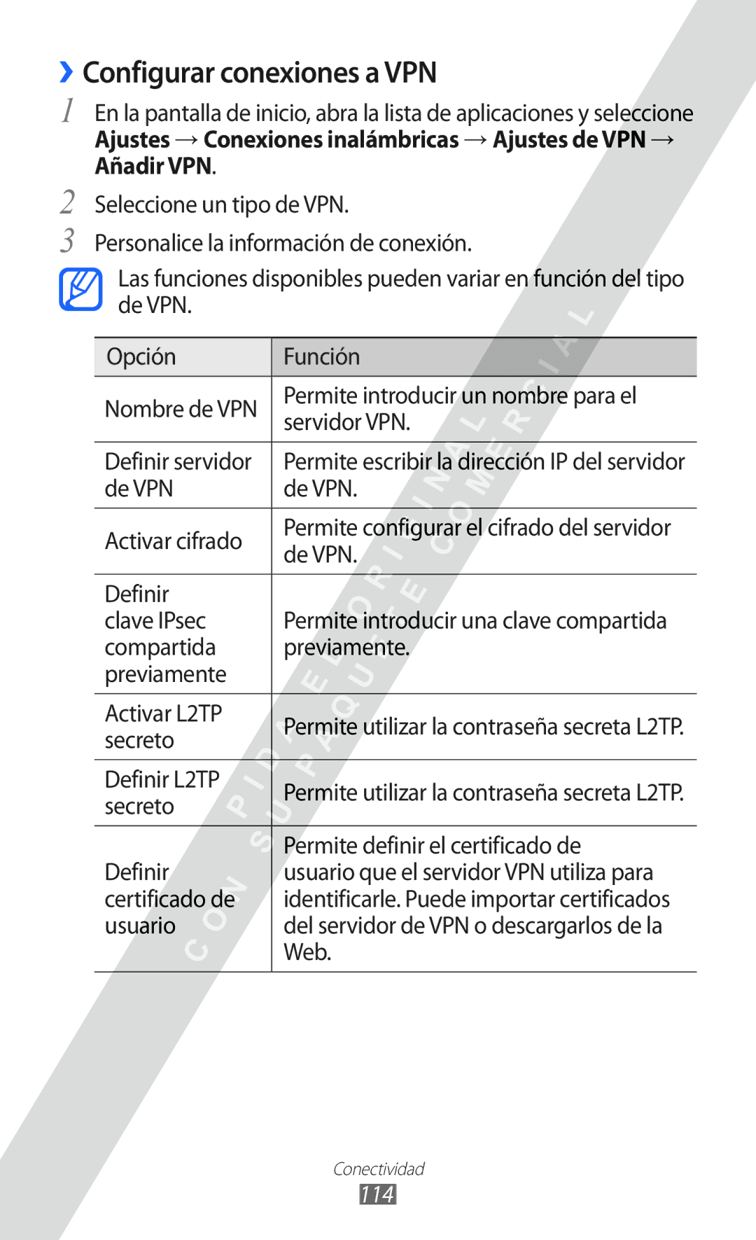 Samsung GT-I8530 manual ››Configurar conexiones a VPN, 114 