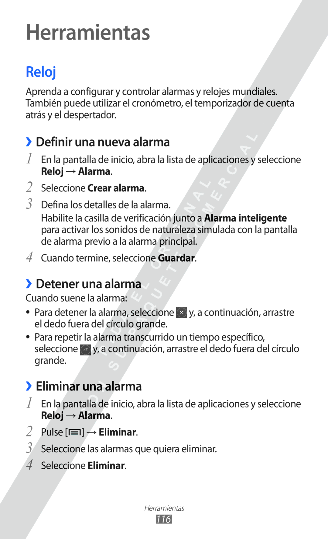 Samsung GT-I8530 manual Herramientas, Reloj, ››Definir una nueva alarma, ››Detener una alarma, ››Eliminar una alarma 