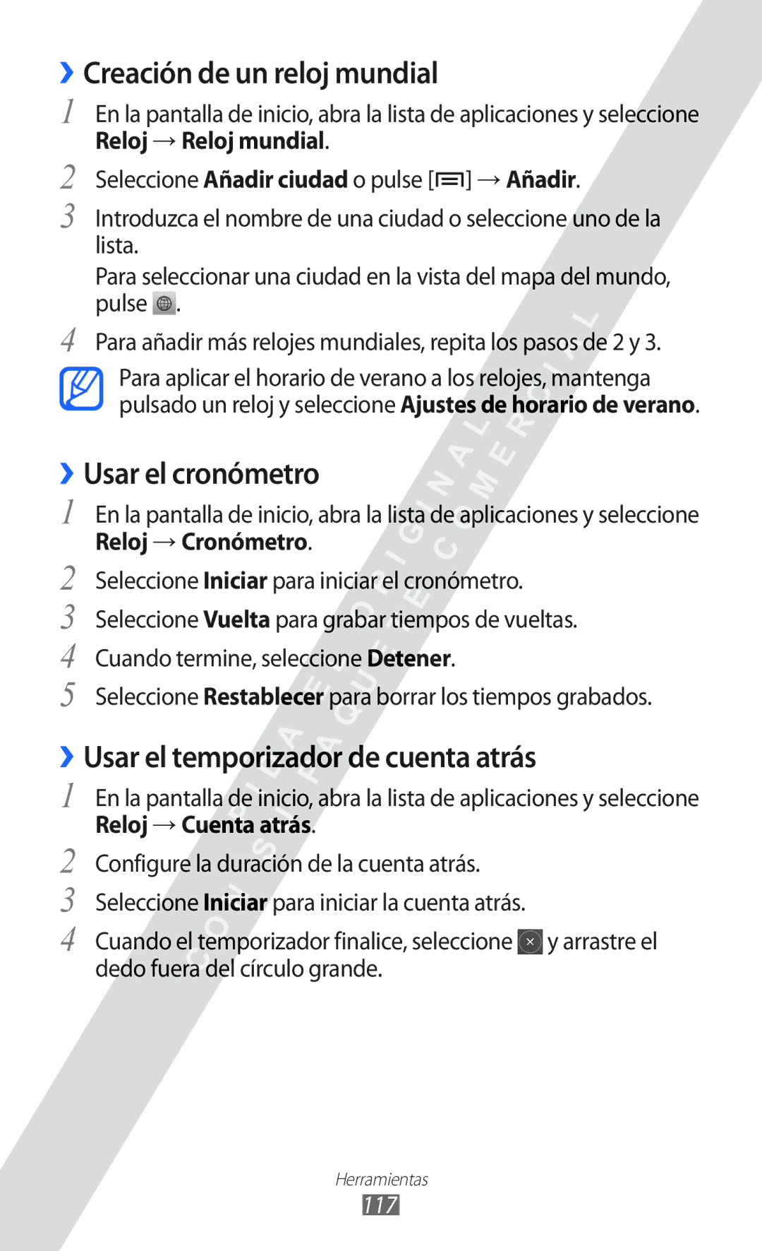 Samsung GT-I8530 manual ››Creación de un reloj mundial, ››Usar el cronómetro, ››Usar el temporizador de cuenta atrás, 117 