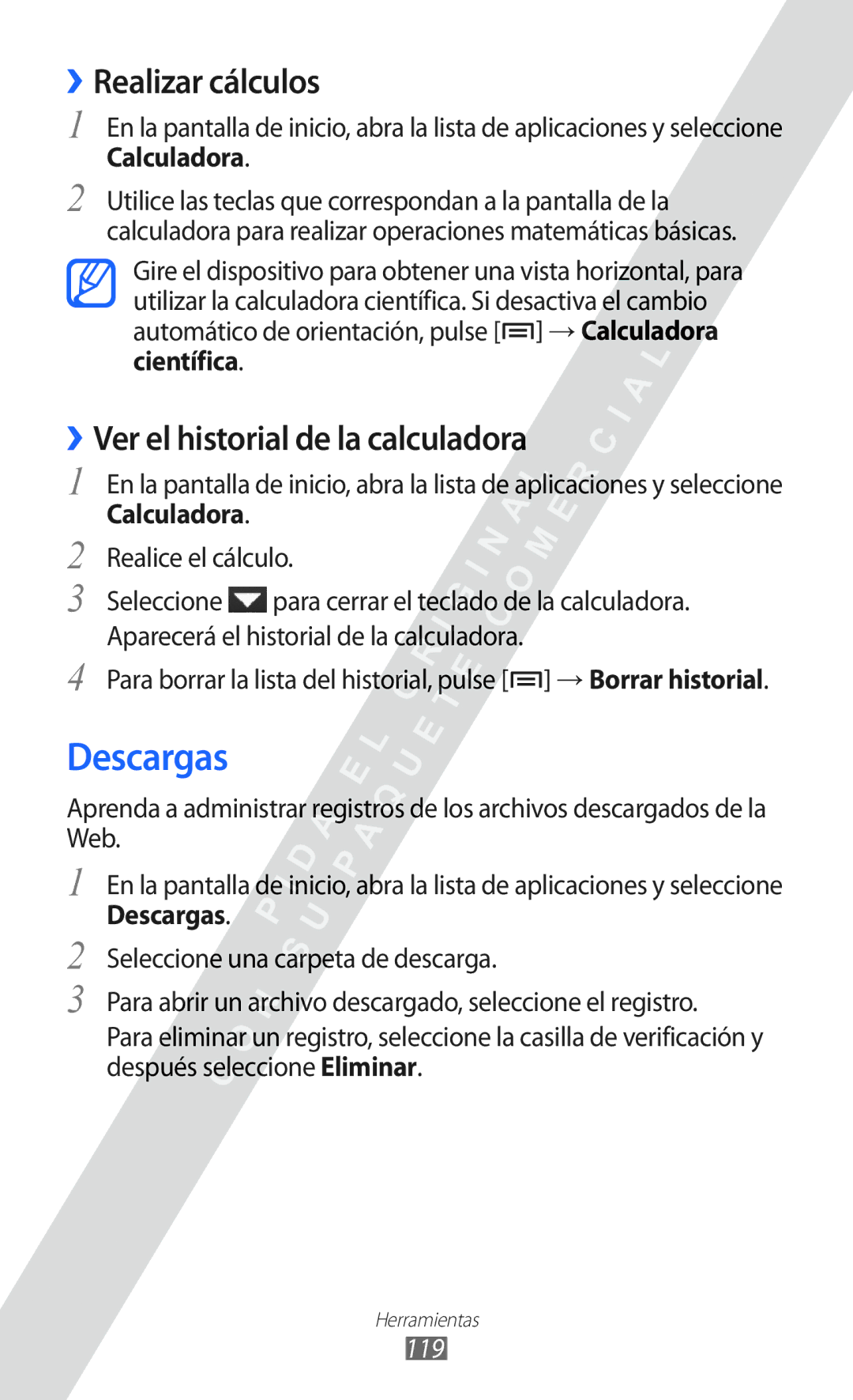 Samsung GT-I8530 manual Descargas, ››Realizar cálculos, ››Ver el historial de la calculadora, 119 