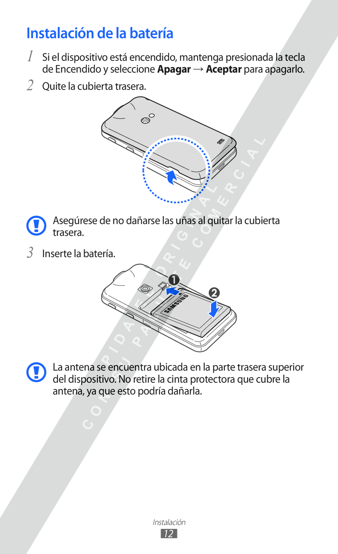 Samsung GT-I8530 manual Instalación de la batería 