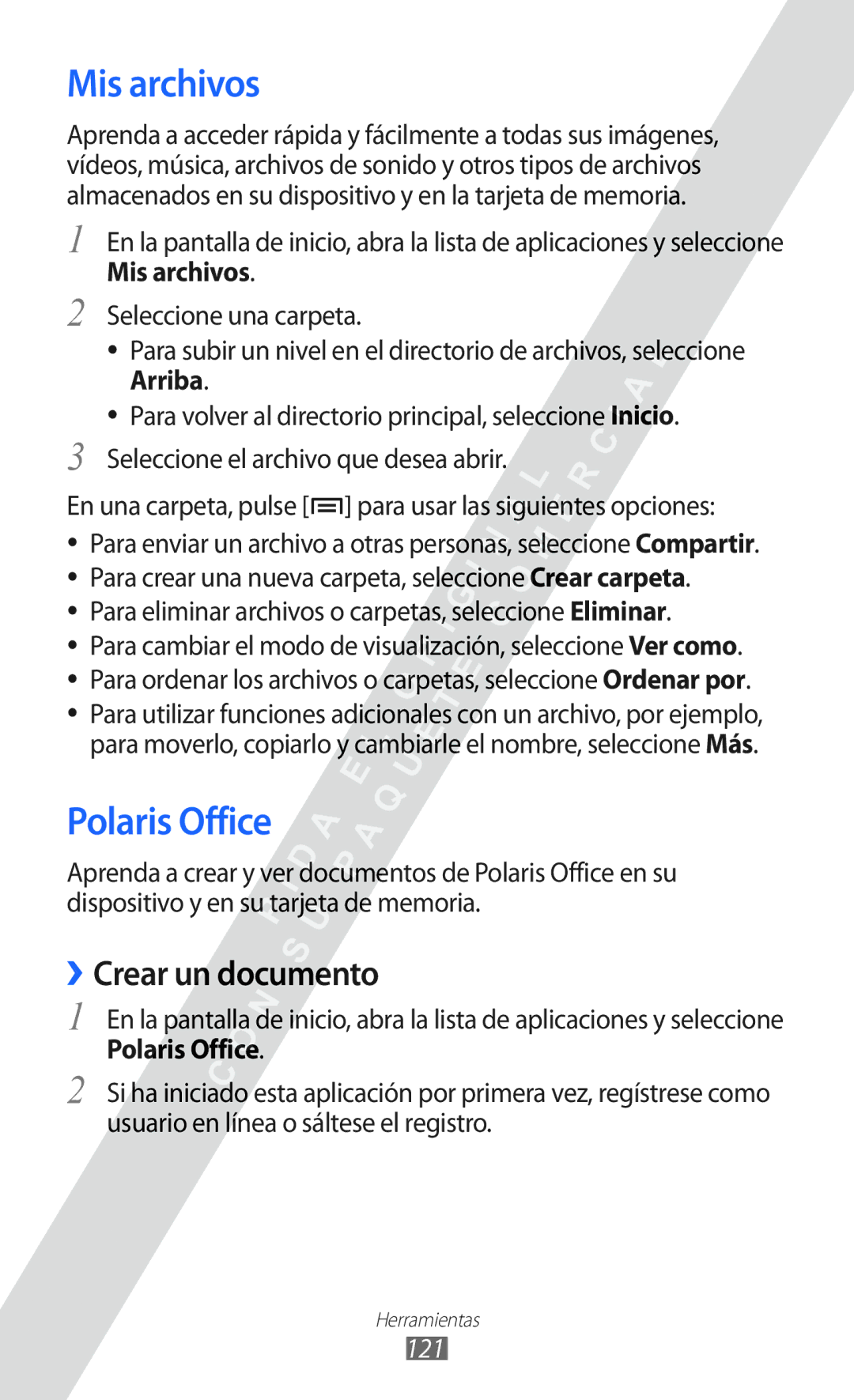 Samsung GT-I8530 manual Mis archivos, Polaris Office, ››Crear un documento, 121 