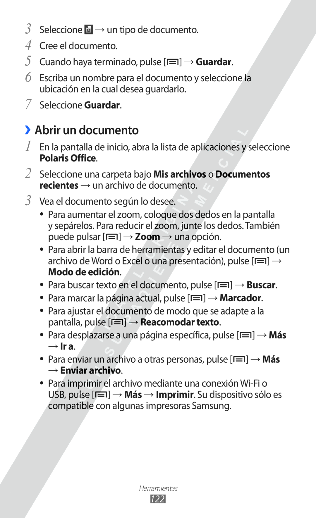 Samsung GT-I8530 manual ››Abrir un documento, Polaris Office, → Ir a, → Enviar archivo, 122 