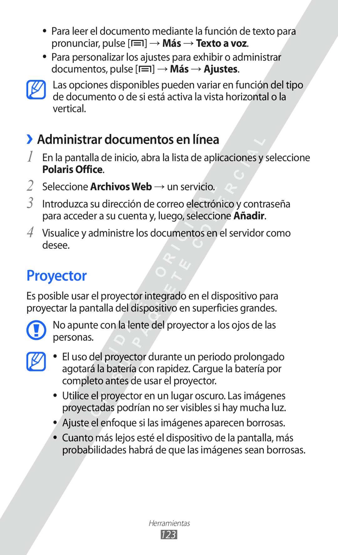 Samsung GT-I8530 manual Proyector, ››Administrar documentos en línea, Seleccione Archivos Web → un servicio, 123 