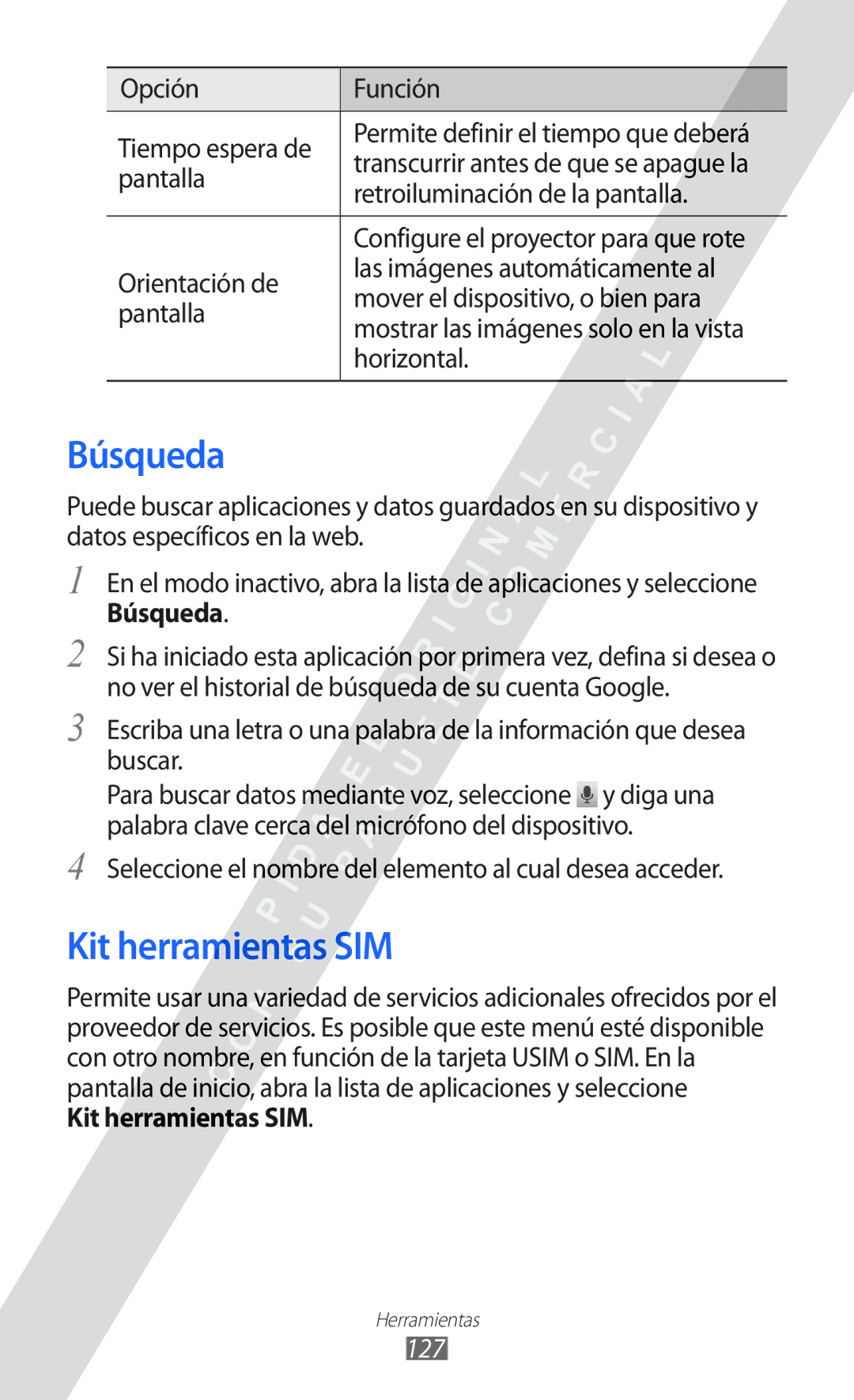 Samsung GT-I8530 manual Búsqueda, Kit herramientas SIM, 127 