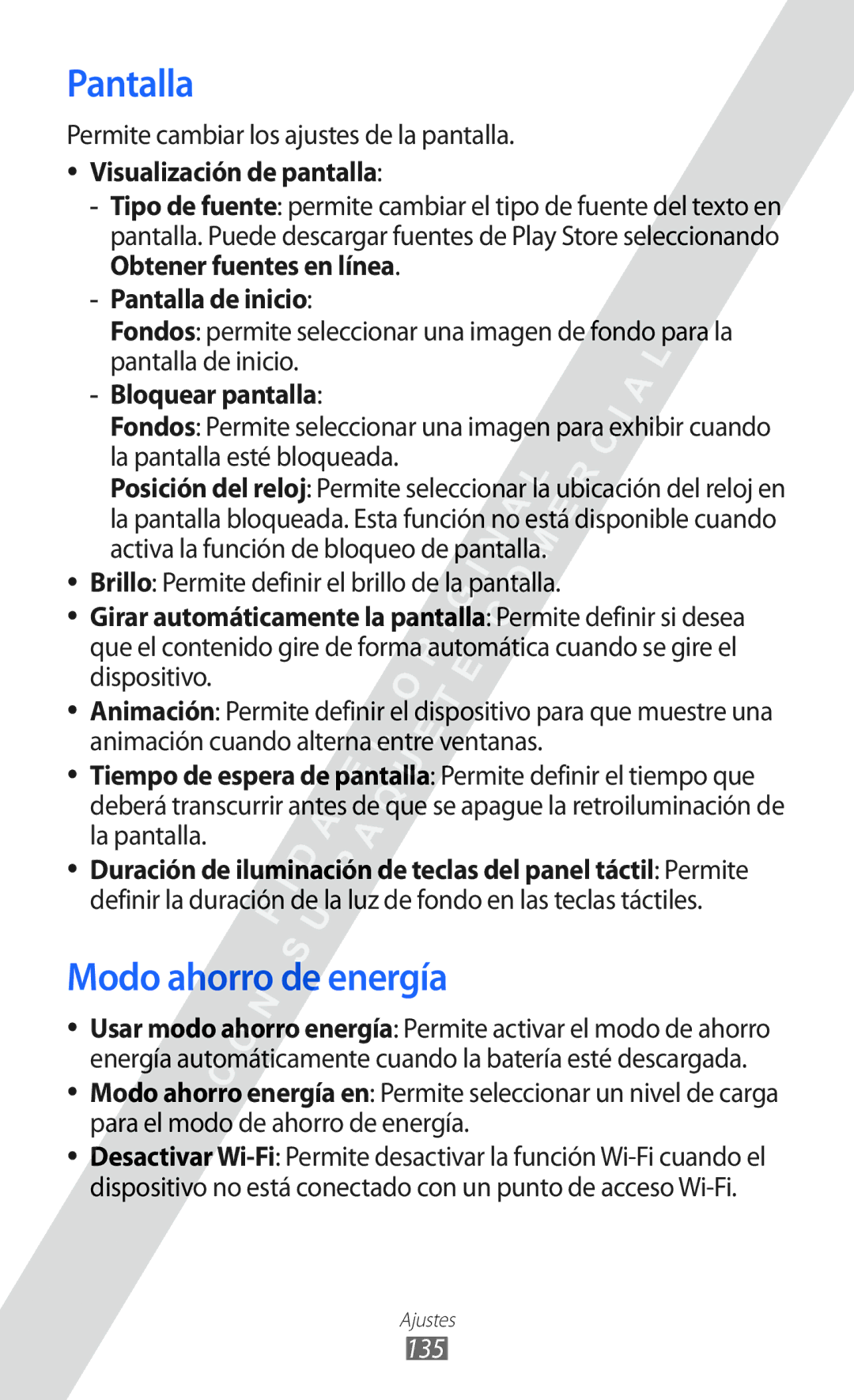 Samsung GT-I8530 manual Modo ahorro de energía, Visualización de pantalla, Pantalla de inicio, Bloquear pantalla 