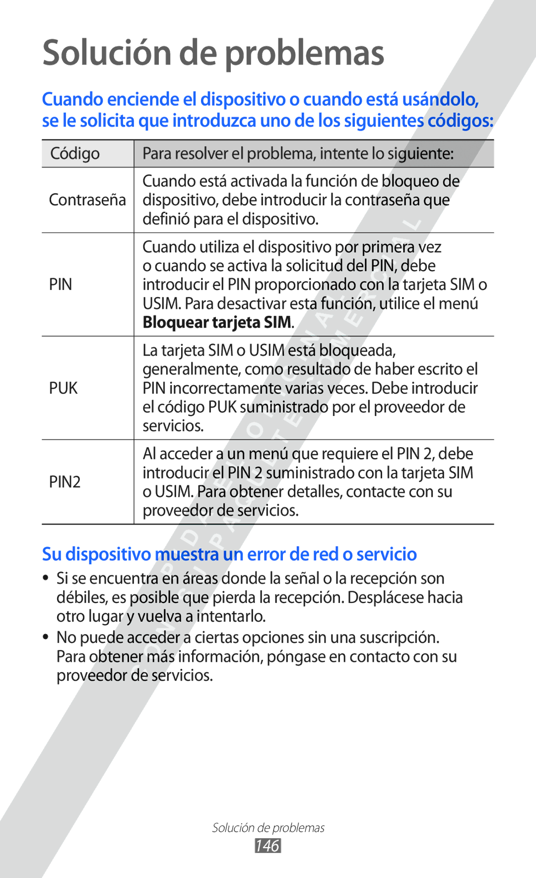 Samsung GT-I8530 manual Solución de problemas, Bloquear tarjeta SIM, 146 