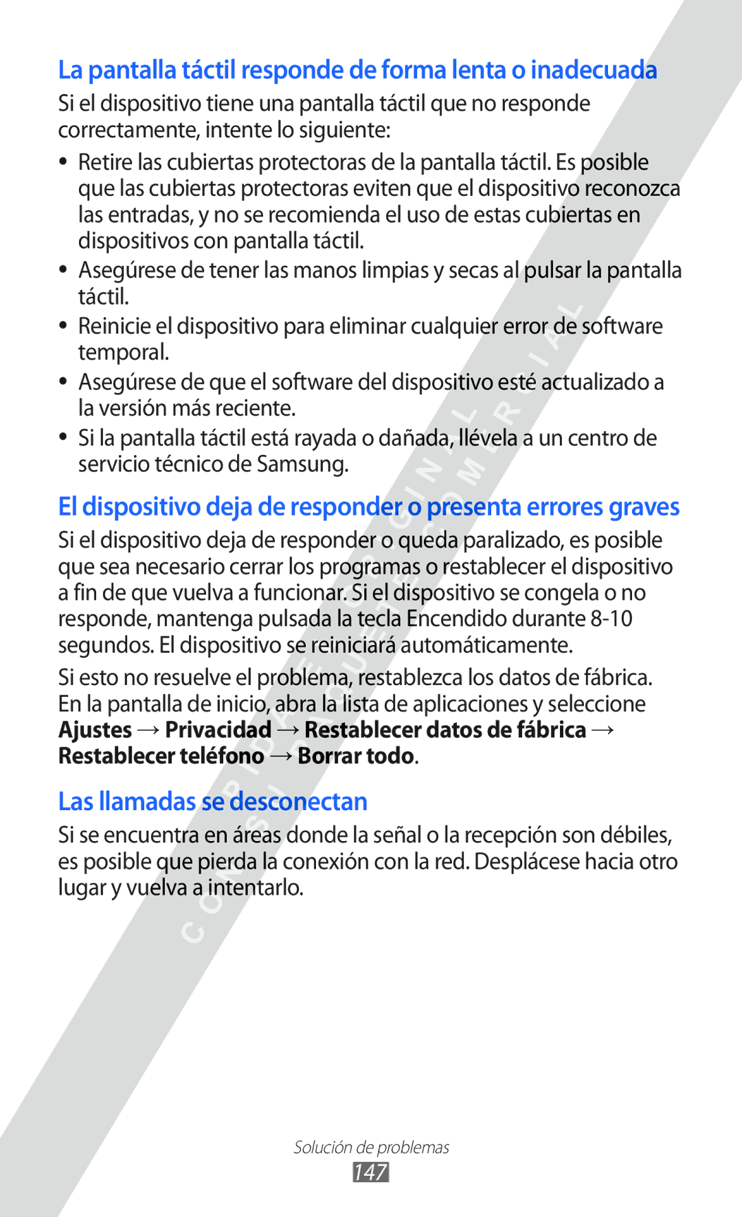 Samsung GT-I8530 manual La pantalla táctil responde de forma lenta o inadecuada, 147 