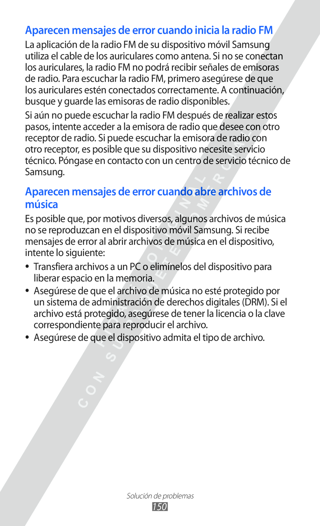 Samsung GT-I8530 manual Asegúrese de que el dispositivo admita el tipo de archivo, 150 