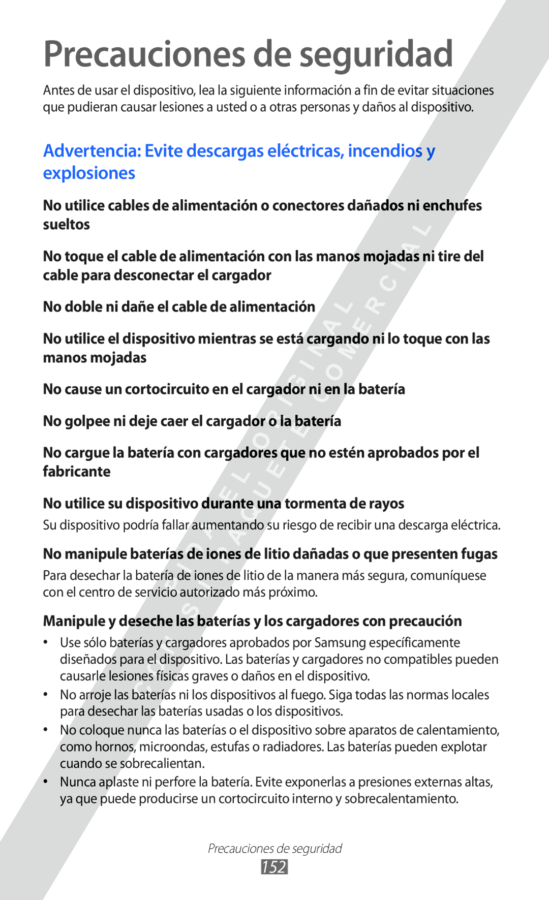 Samsung GT-I8530 manual Precauciones de seguridad, 152 