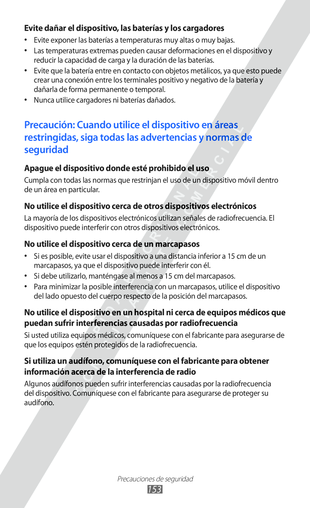 Samsung GT-I8530 manual 153, Evite dañar el dispositivo, las baterías y los cargadores 