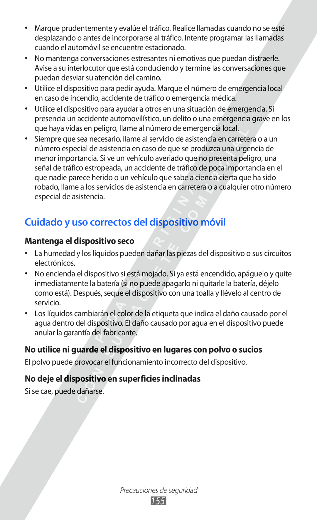 Samsung GT-I8530 manual Cuidado y uso correctos del dispositivo móvil, 155 