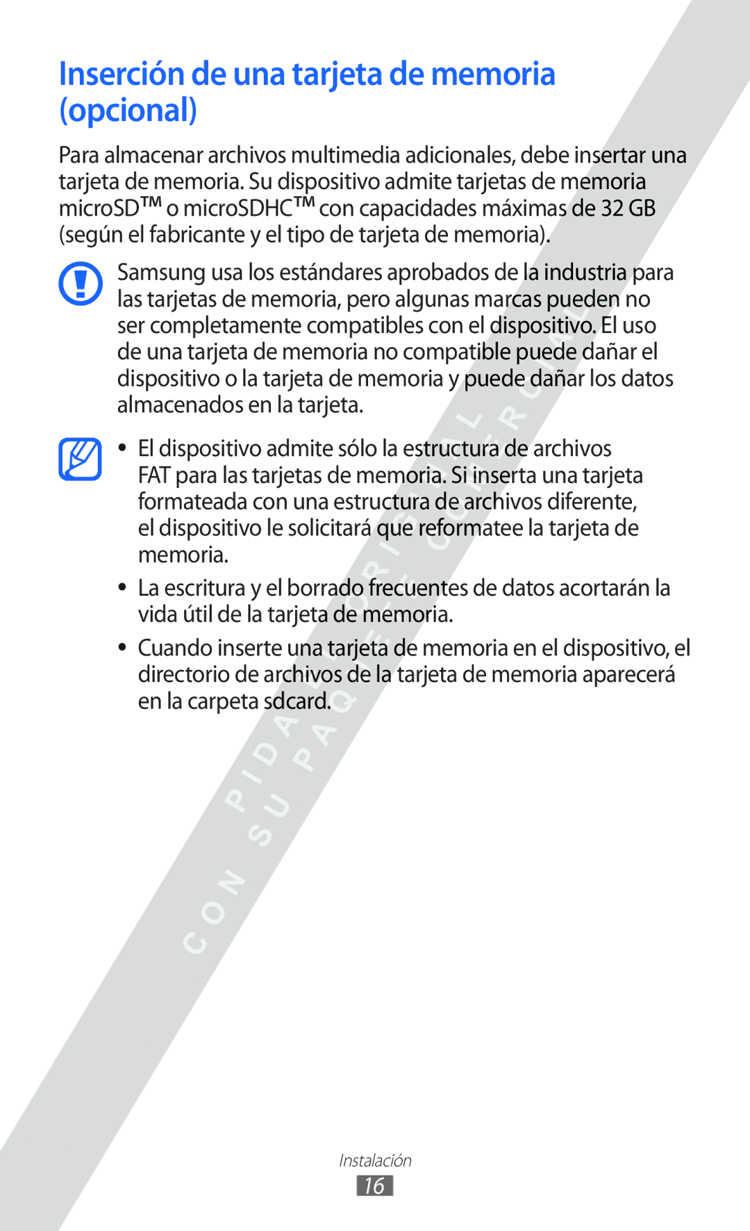 Samsung GT-I8530 manual Inserción de una tarjeta de memoria opcional 