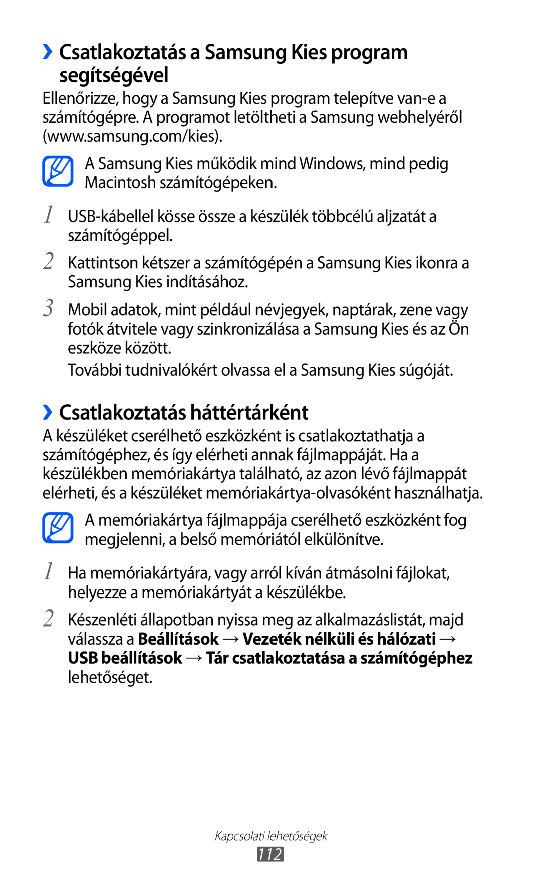 Samsung GT-I8530BAADBT manual ››Csatlakoztatás a Samsung Kies program segítségével, ››Csatlakoztatás háttértárként, 112 